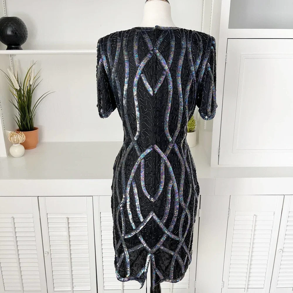 Vintage Laurence Kazar Women's Beaded Sequin Silk Dress Size 6/8 - Picture 5 of 8